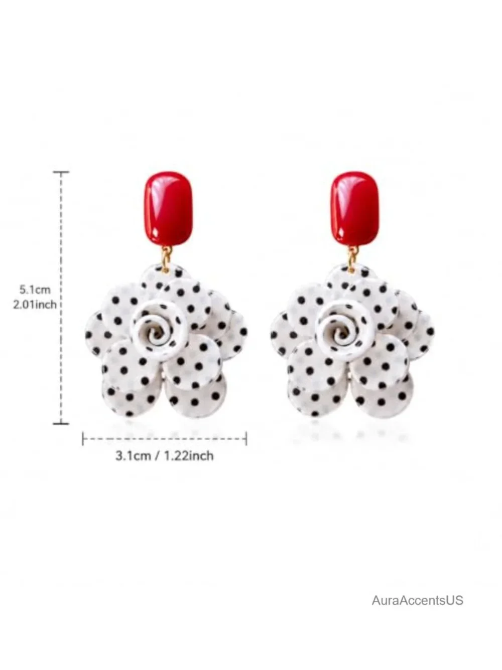 Statement Floral Drop Earrings Gold Tone Black White Polka Dot Dangle Vintage